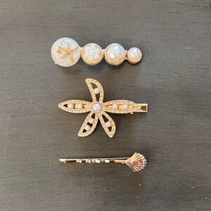 Starfish Pearl Rhinestone Gold 2.5" Alligator Hair Clip Shell Bobby Pin 3 Pc Set